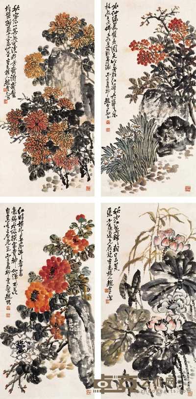 赵云壑 四季花卉屏 四屏 109×53cm×4